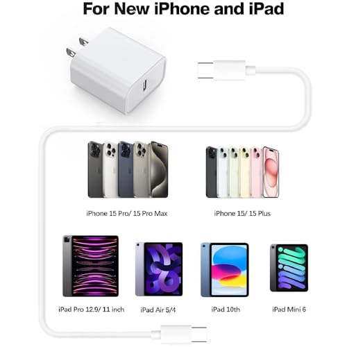 Image of 10Foot USB C Charger for iPhone 16 Charger, 2Pack 20W Type C Charging Block Long 10FT USB C Cord Cable Fast Charging for Apple iPhone 16 /16e /16 Pro /16 Plus /16 Pro Max /15 /15 Plus, iPad mini /iPad Air