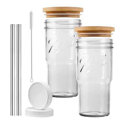Juego de 2 vasos de vidrio con tapas y popotes, vasos de vidrio seguros, vasos de café de moda para uso diario.