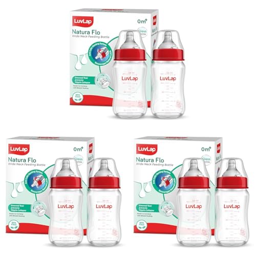 Image of LuvLap Natura Flo Wide Neck Glass Feeding Bottle, New Born /Infants /Toddler Upto 3 Years, BPA Free, Ergonomic Shape is Easy to Hold, with Anti Colic Nipple, Pack of 6, 150ml