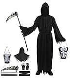 ULEMON Halloween Grim Reaper Costume for Adult Men Scary Reaper Costume with Skeleton Scythe Gloves Candy Bag Halloween Horror Death Cosplay Outfits