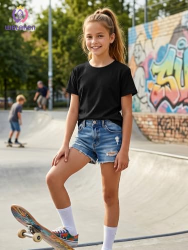Image of WELAKEN Girls Soft T-Shirt with Curved Hem, Breathable Stretchy Rayon Crewneck Short Sleeve Tees, Kids Everyday Basic Top