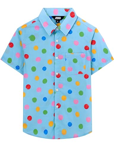 JOGAL Boys Polka Dots Short Sleeve Button Down Shirt Novelty Fun Summer Cotton Easter Shirt for Kids 6-14 Years SkyBlue 6