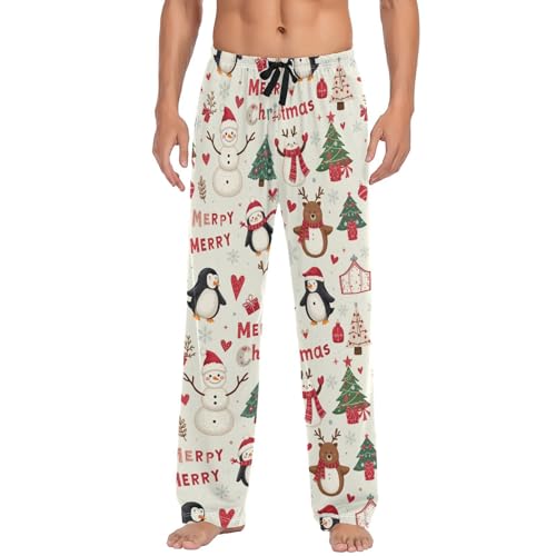 Cute Merry Christmas Snowman Pajama Pants Xmas Reindeer PenguinsLounge Sleepwear PJs Men's Pajama Bottoms Sleep Pants L