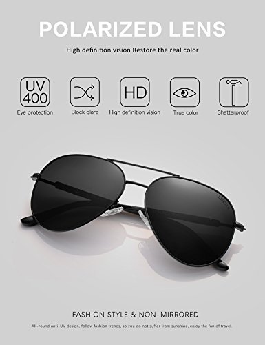 LUENX Aviator Sunglasses Mens Women Polarized Black Lens Black Metal Frame Dark 60mm with Case - UV400