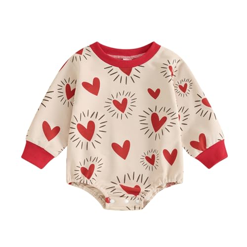 Daddys Valentine Baby Girl Outfit Bubble Romper Long Sleeve Oversize Love Heart Sweatshirt (Khaki,0-3 Months)