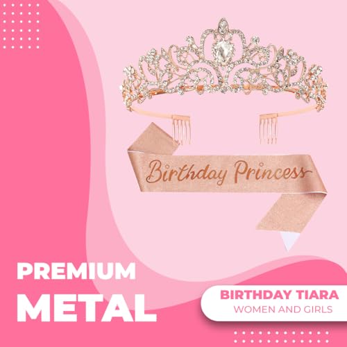Birthday Tiara and Crown with Sash for Women, Hair Accessories for Wedding Party Costume (C- Rose Gold)