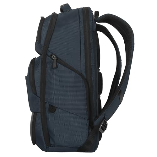 Image of Targus HeritageLuxe Backpack 15-16 inch - Blue Laptop Bag with SafeSling Protection, RFID Pocket, USB-C Charging, Tracker Slot, Eco Fabric, Leather Accents - TBB65602GL