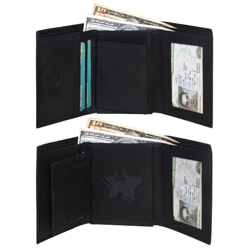 Leatherboss Genuine Leather Police Star Shape Badge Holder Trifold Wallet with ID Window, Black2