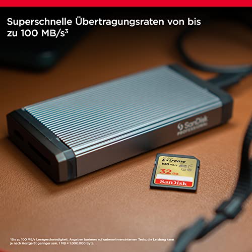 SanDisk Extreme SDHC UHS-I Speicherkarte 32 GB (V30, 100 MB/s Übertragung, U3, 4K UHD Videos, wasserdicht, stoßfest, temperaturbeständig) – Ansicht 3