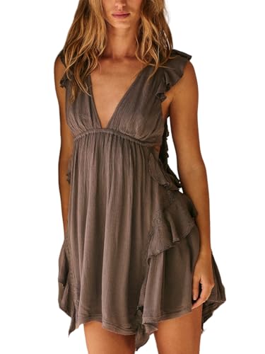 Women's Summer Ruffle Dresses Backless Flowy Swing Cute Dress Sleeveless V Neck Babydoll Mini Sundress