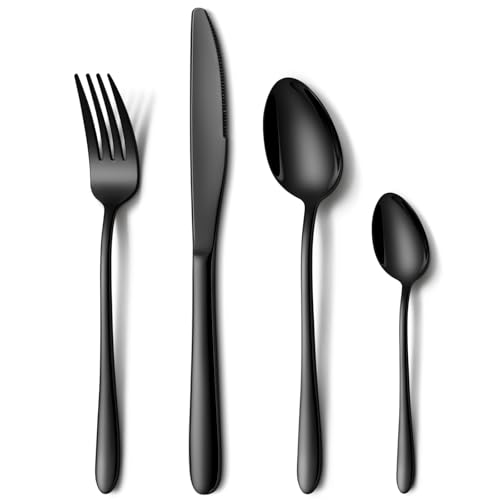 Black Cutlery Sets NINIROR 16 Piece Food-Grade Stainless Steel Flatware Silverware Set for 4 People Include Spoon Knife and Fork Sets Mirror Polished Dishwasher Safe for Home Kitchen Restaurant
