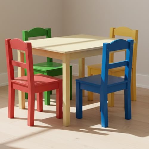 Humble Crew Kids Wooden Table and 4 Chairs Set, Natural/Primary - Kids Table and Chair Set for Toddlers and Children for Arts, Crafts, and Snack Time - Sturdy, Durable Toddler Activity Table