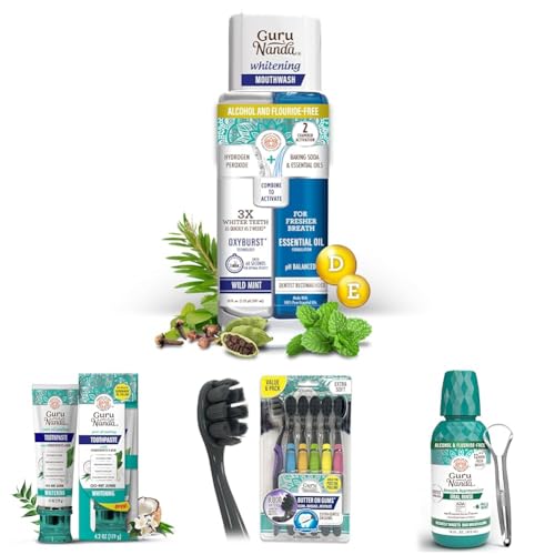 GuruNanda Whitening Bundle: Teeth Whitening Dual Barrel Mouthwash (20 Fl Oz), Hydroxyapatite Toothpaste (4.2 Oz), Charcoal Toothbrush (6 Ct) & Fresh Breath Oral Rinse (16 Oz) with Essential Oils image 2