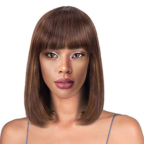 ISHINE 12 Inch Straight Short Bob Wigs With Flat Bangs For Black Women, OP4/30, Dark Brown Highlighted with Medium Auburn - 100% Human Hair Shoulder Length Straight Bob Wig With Bangs
