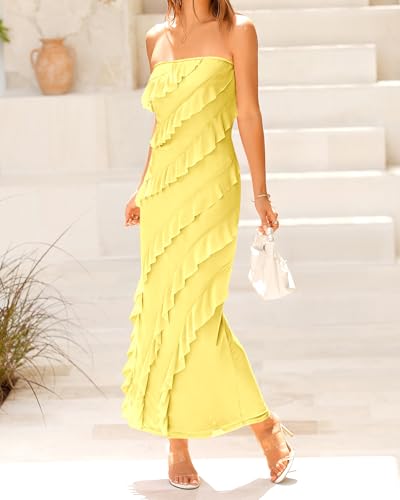 Image of BTFBM Women Summer Elegant Strapless Midi Ruched Bodycon Dress Solid Color Stretch Mesh Slim Party Cocktail Dresses