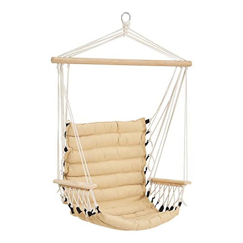 [en.casa] H&auml;ngesessel Bariloche max. 100 kg H&auml;ngestuhl zum Aufh&auml;ngen Indoor Outdoor H&auml;ngesitz mit Armlehnen H&auml;ngeschaukel Stab aus Massivholz Beige
