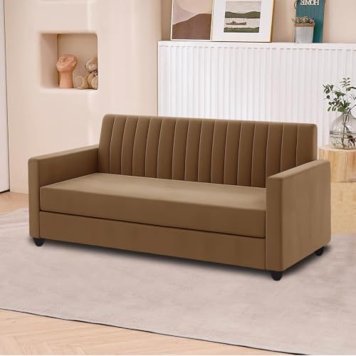 Image of 3+2 Fabric Sofa Set with Ottoman for Living Room | Modern 5-Seater Sofa Couch | with Soft Cushion, Premium Velvet Fabric - Golden Color