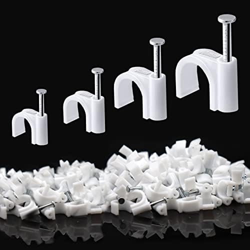 400Pcs Steel Nails Tacks Holder,Round Cable Clips, 4mm,6mm,8mm,10mm Cable Nail Clips 4 size Assortment Cable Holder Management Wire Tidy Clips (Cable Clips White)