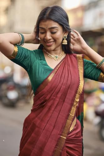 Image of Women's Cotton Woven Soft Sarees With Attach Blouse Piece.