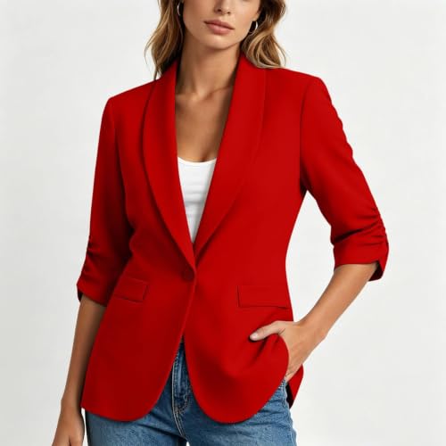 JiXiang Blazers for Women Open Front Lapel Collar Ruched 3/4 Sleeve Jackets One Button Work Office Business Casual Fall Coat - image 6