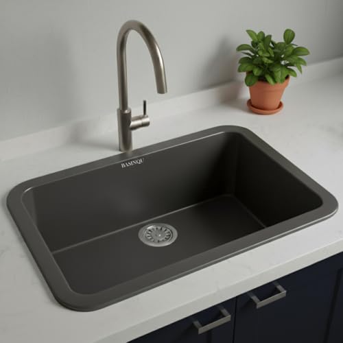 Image of BASINQU Quartz Sink for Kitchen | 24x18x9 Inches Grey Single Bowl Sink For Kitchen Basin Round Corner Kitchen Sink | Granite UV Protected Scratch Resistant, Undermount /Topmount Kitchen Sinks