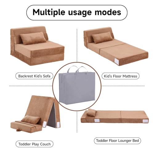 Image of Tiita Convertible Folding Kids Sofa Bed with Pillow & Storage Bag, Plush Fabric Floor Mattress Couch Bed, Washable Cover, Kids Room, Playroom, Dorm, Apartment, Brown