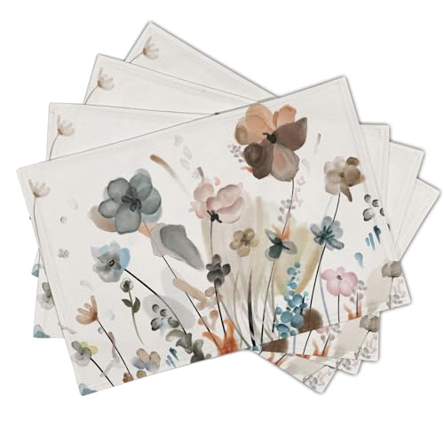 Image of Brown Cream Grey Teal Floral Placemats Set of 4 Watercolor Flowers Place Mats Washable Dining Rustic Abstract Floral Farmhouse Linen Table Mats Stain Heat-Resistant Cloth Table Mat Decor 12x18 in