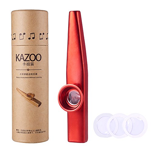 WANDIC Kazoo und 3 Membranflöten aus Aluminiumlegierung, mit Vintage-Geschenkbox, goldfarben type 1 rot