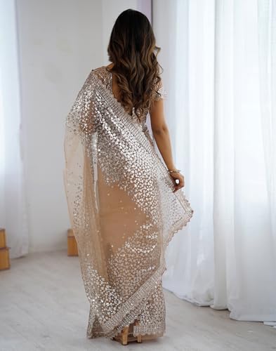 Image of SIRIL Women's Net Sequence Embroidered Saree With Unstitched Blouse