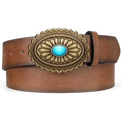 Image of XZQTIVE Women Western Leather Belt Vintage Country Belts For Cowgirl Jeans Dresses Ladies Concho Belt With Turquoise Buckle