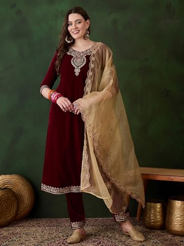 Image of SheWill Kurta Set for Women - Maroon Velvet Zari Sequence Cording Embroidered Kurta with Pant and Cutwork Organza Dupatta