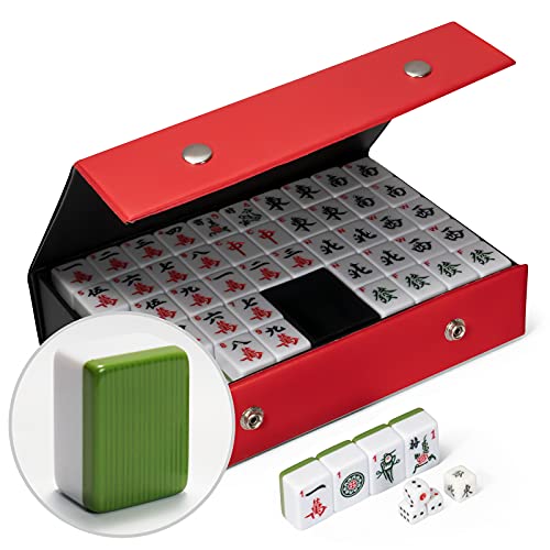 Mahjong Set Chinese Mahjong Set MahJongg Tile Set with Red Case Mahjong Game Sets Large 30mm 144 Tiles 1.18" Acrylic Tiles (Mah Jong, Mah-Jong, Majiang) Random Chips Style (Green)