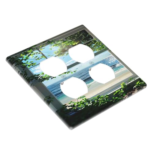 Decorative Outlet Covers Window Beach Seascape View Green Leaves 2 Gang Wall Plate Cover Double Duplex Receptacle Two Switch Light Switch Cover Plate Jumbo Dual Faceplate