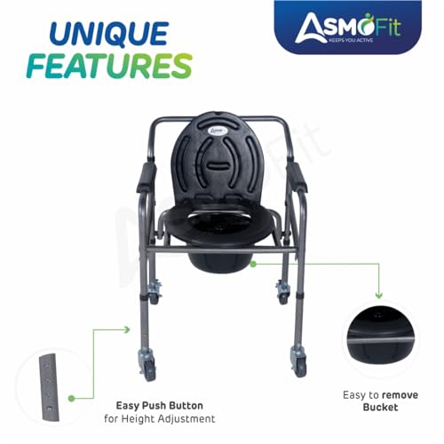 Image of Foldable Commode Chair Height Adjustable Use In Room Or Over Toilet, Potty Chair With Armrests, Bedside Commode-For Adult, Pregnant Women, Elderly - Weight Capacity 100Kg (With Wheels),Grey