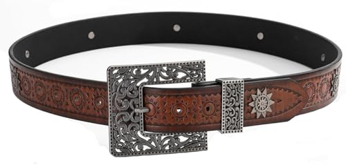 Women Vintage Western-Cowgirl-Leather Waist Belt with Big Floral Carved Buckle Adjustable for Jeans Pants Dresses3