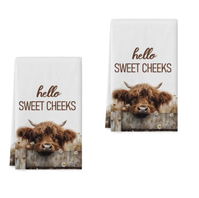 Alwodici 2Pcs Highland Cow Tea Towel 40x60cm Microfiber Decorative Towels Farmhouse Kitchen Dish Towels Cow Print Hand Towels Funny Housewarming Gifts For Drying Hands Dishes Kitchen Bathroom Cleaning