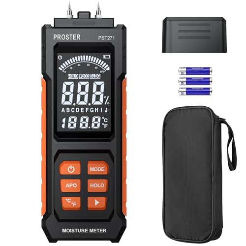 Proster Medidor de Humedad Detector de Humedad Tipo Pin con 2 Modos, Medición de Temperatura y Pantalla Retroiluminada Humidímetro para Madera y Materiales de Construcción