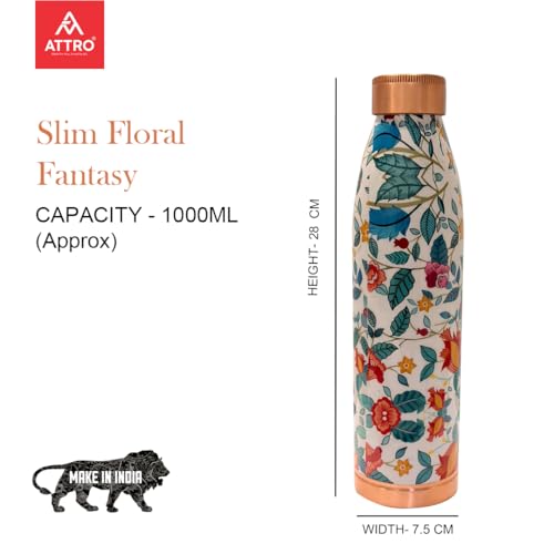 Image of ATTRO Slim Copper Bottle Design Boosts Immunity Leakproof & Lightweight |Anti-Bacterial, BPA Free with Secure Cap for School, Travel, Gym & Work 1000ml Floral Fantasy