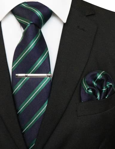 Image of RBOCOTT Silk Stripe Plaid Tie and Pocket Square with Tie Clip Sets for Men