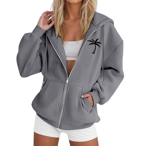 Generisch 2025 Chaqueta con Capucha para Mujer Estampado Casual Manga Larga Cordón Cremallera Suéter con Degradado, gris, 3XL