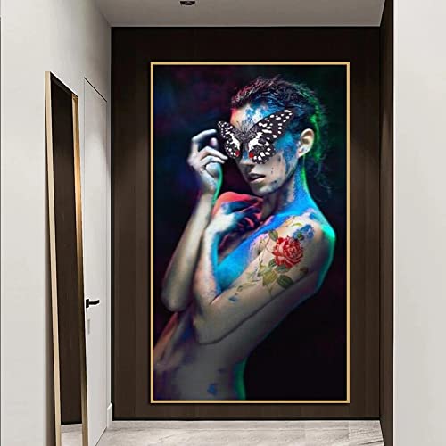 Peinture femme papillon rose pour habiller un mur vide 40x70