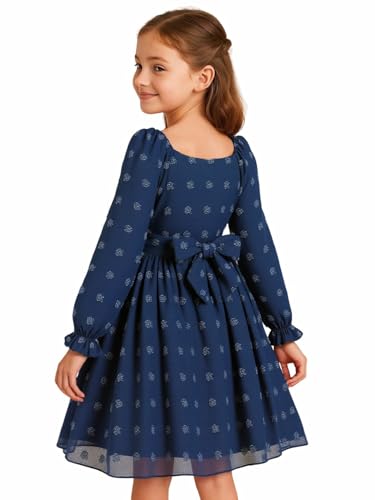 HILEELANG Tween Girls Long Sleeve Dress Navy Blue – Classic Fall School Outfit for Kids with Lined Woven Fabric, Size 11-12T