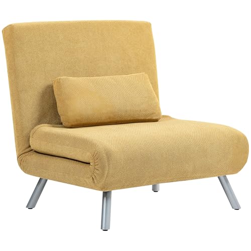 HOMCOM Sofá Cama de 1 Plazas 3 en 1 Sillón Cama Plegable Tapizado en Chenilla con Respaldo Ajustable de 5 Niveles y Almohada Acolchada para Oficina Dormitorio Salón 80x75x83 cm Amarillo