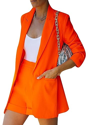 WIWIQS Women's 2 Piece Casual Long Sleeve Blazer Open Front Solid Short Pants Suit Sets - Main Image