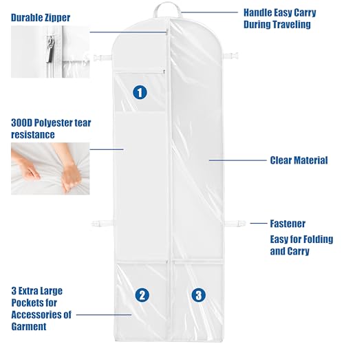 Simple Houseware 70-Inch Long, 8-Inch Gusseted Wedding Dress Garment Bag with Pockets, White thumbnail 8