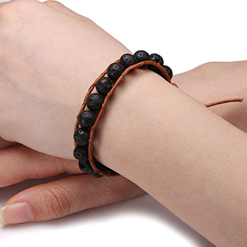 Top Plaza Womens Lava Rock Stone Essential Oil Diffuser Bracelet Reiki Yoga Gemstone Bead Bracelets Handmade Boho Bohemian Leather Adjustable Bracelet #TOP1