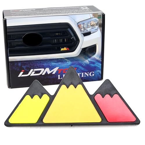Image of iJDMTOY Retro Style 3-Color Trail Mountain Shape Grille Badge Emblem Compatible with Toyota Tacoma Tundra 4Runner FJ Cruiser RAV4 Hilux, etc (Yellow /Orange /Red)