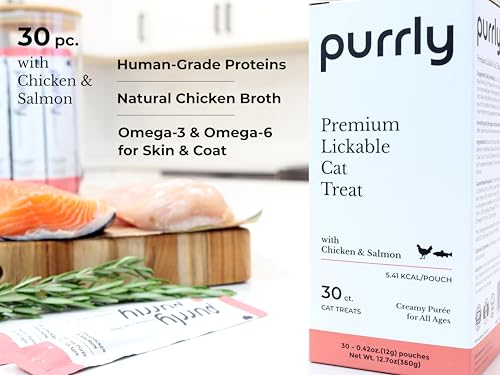 Image of Purrly Hydrating Wet Cat Treat Snack Topper Creamy Puree Human-Grade Chicken Breast & Salmon with Omega-3 & 6 for Skin & Coat (30 Count) Healthy Lickable Squeeze Soft Training Snack Low-Phosphorus