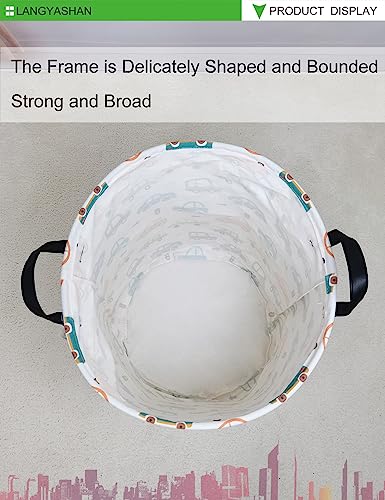 Image of Laundry Basket Canvas Fabric Collapsible Organizer Basket for Storage Bin Toy Bins Gift Baskets Bedroom Clothes Children Nursery Hamper (Round Color Cars)