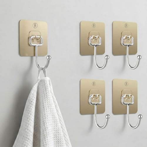 Image of Self Adhesive Long Wall Hooks |No Damage, Easy Installation |Waterproof and Oilproof Stainless Steel Hangers for Bathroom Shower Door Outdoor Home Improvement Utility Hook | (Gold, Pack of 10)